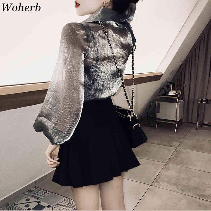 Long Lantern Sleeve Shirt Women Elegant Sexy See Through Blouse Korean Chic All-match Tops Vintage Blusas Mujer 210519