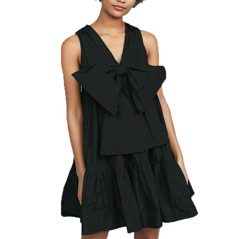 Women Dress V Neck Sleeveless Bohemian es Large Bow Loose Casual Mini Hem Fashion Beach es Summer 210513