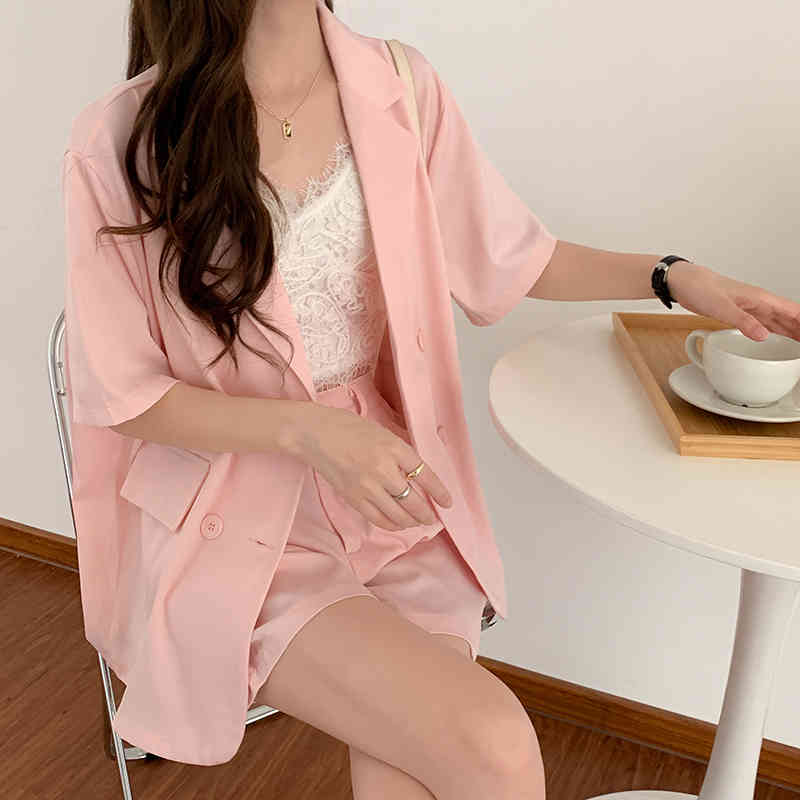 Summer Fashion Short Sleeve Blazer 2 Piece Set Korean Loose Casual Jacket Thin Elastic High Waist Shorts Suits Women Outfits 210515