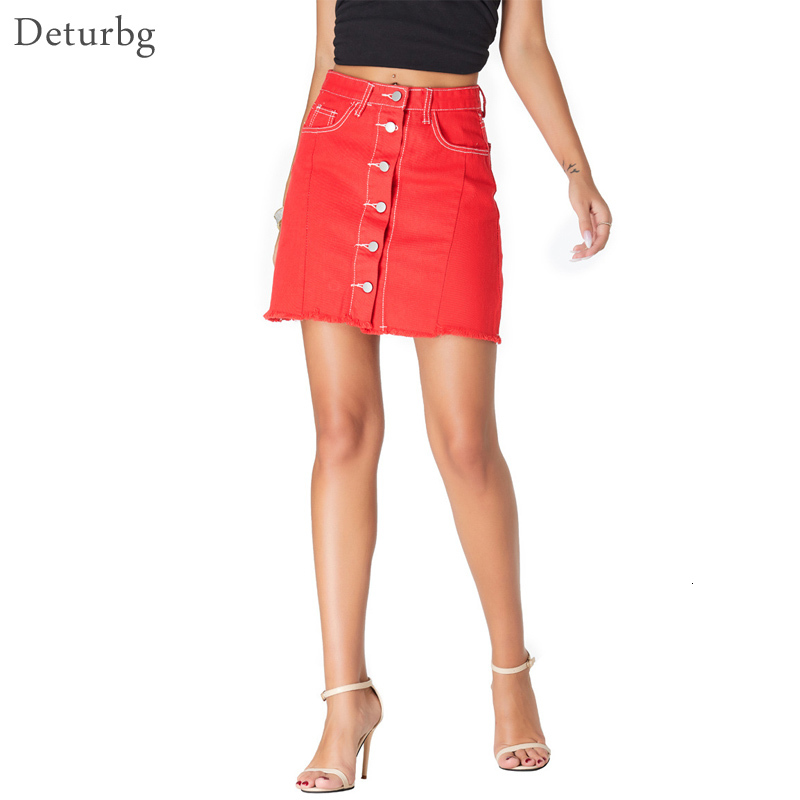 Casual Dresses Women's Street Fashion Buttons Denim Skirt Female High Waist Jeans Single-breasted Red Mini Skirts Autumn SK577 PH7