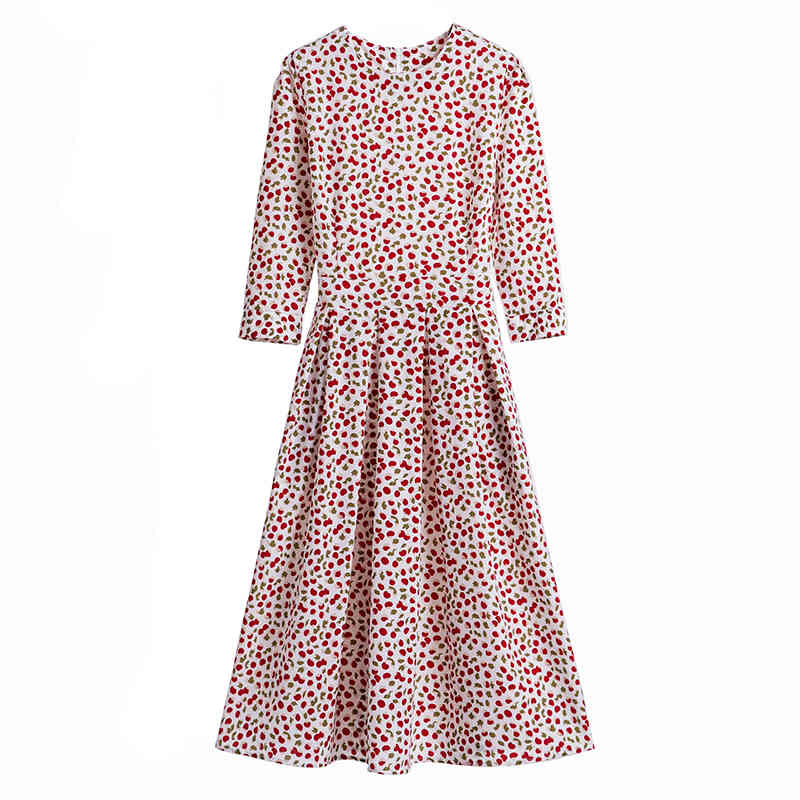 Women A Line Elegant Dress Floral Print Midi Three Quarter Sleeve O-neck Party Ladeis es Vestidos 210508