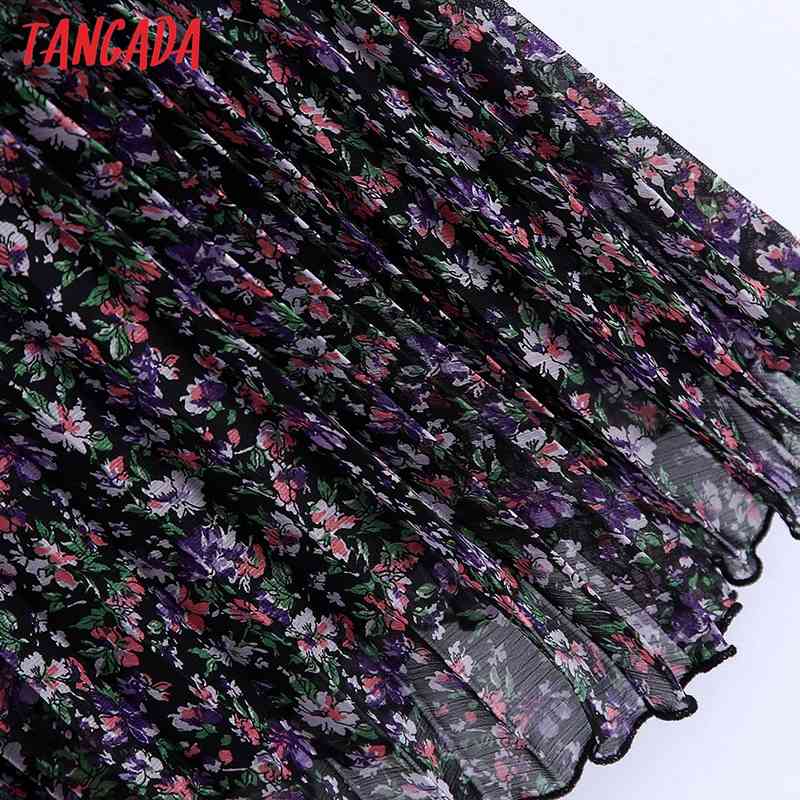 Women Floral Print Pleated Chiffon Dress Back Zipper Long Sleeve Casual Female Short Vestidos BE195 210416
