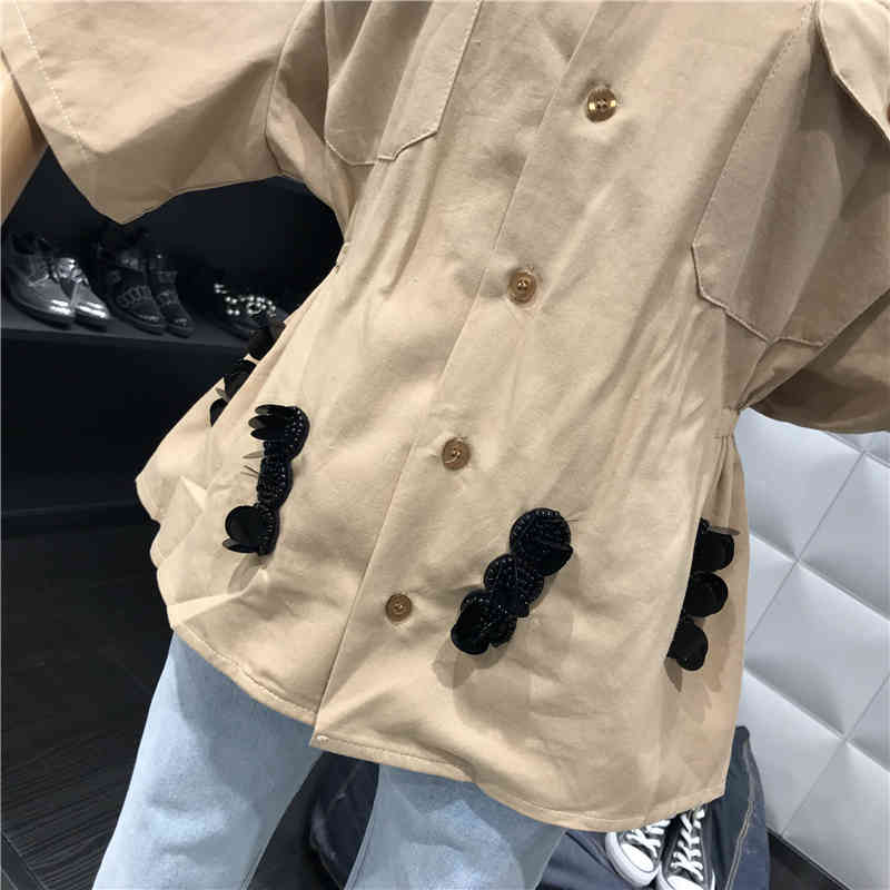 Women Two Piece Outfits Sequined Embroidery Half Sleeve Khaki Jacket Blouse + Lace-up Patchwork Tulle Mesh Skirt Set 210518