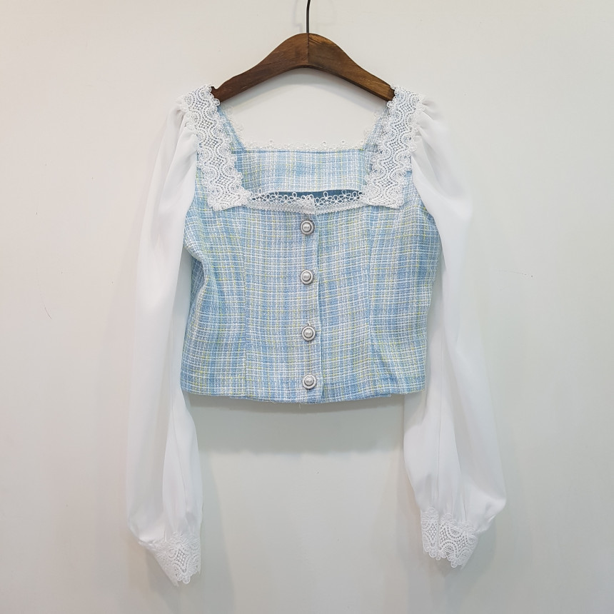 Korea Spring Fashion Temperament Sweet Chiffon Patchwork Tweed Elegant Square Collar Top + High Waist Mini Skirt Suit 210518