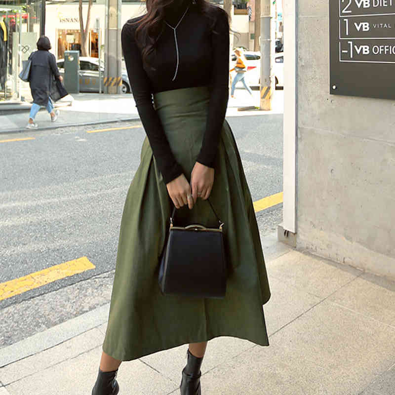 Autumn Solid Skirts Womens Korean Style Cotton Big Swing Ladies Skirt Long Wild High Waist Bow Slim Jupe Femme 9763 210508