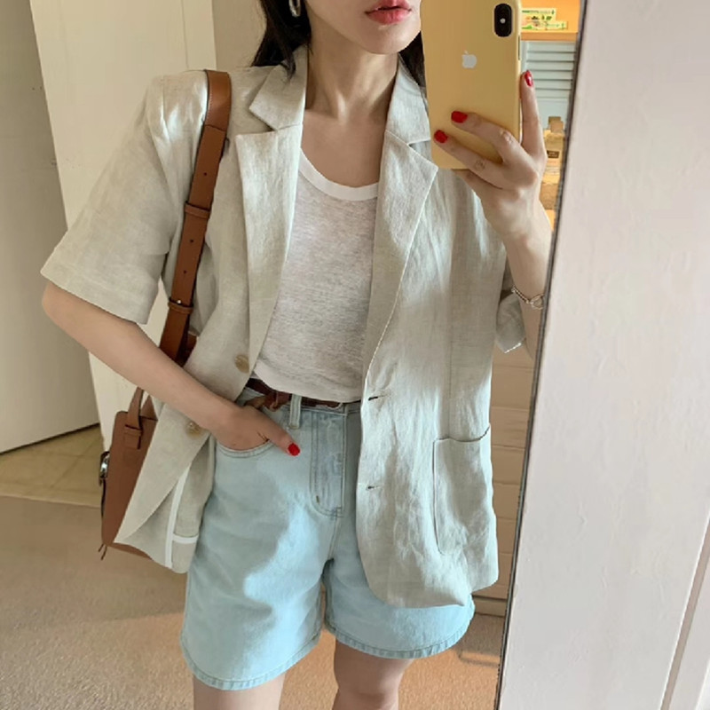 OL Suit Collar Women Blazer Cotton Linen Solid Single Breasted Jacket Autumn Summer Short Sleeve Minimalist Tops 210421