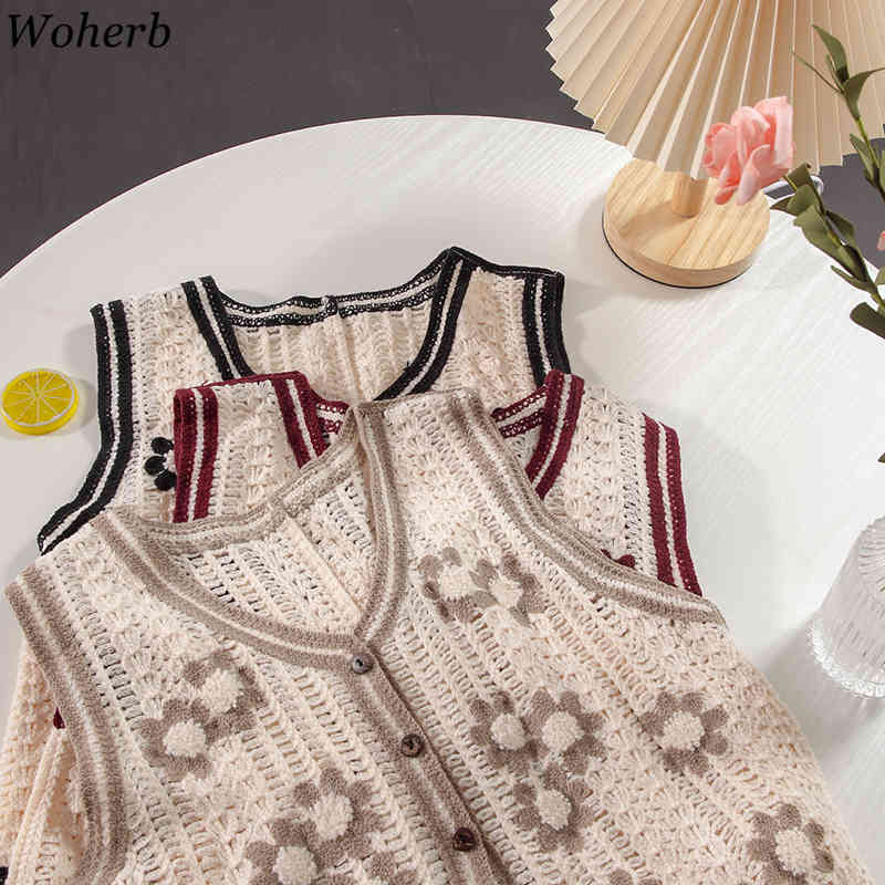 Sweater Vest Women Loose Single Breasted Cardigan Top Elegant All Match V Neck Embroidered Hollow Out Vintage Coat 4i353 210519