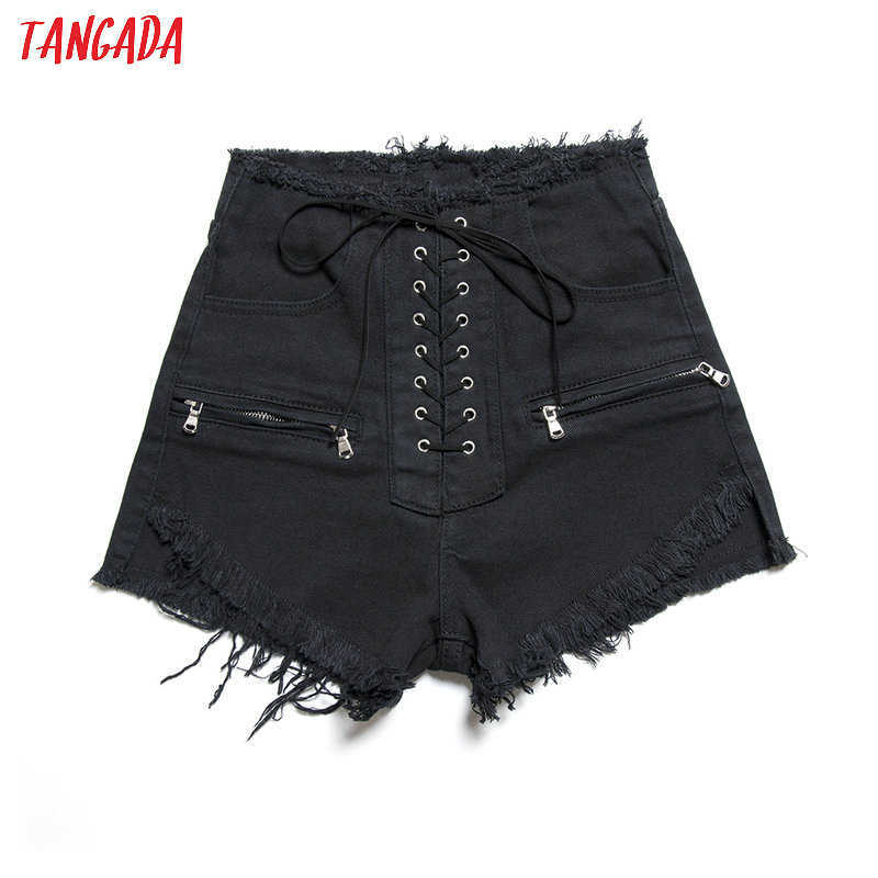 Tangada women stylish summer denim shorts lace up high waist pockets female casual streetwear white short jeans pantalone 2A19 210714