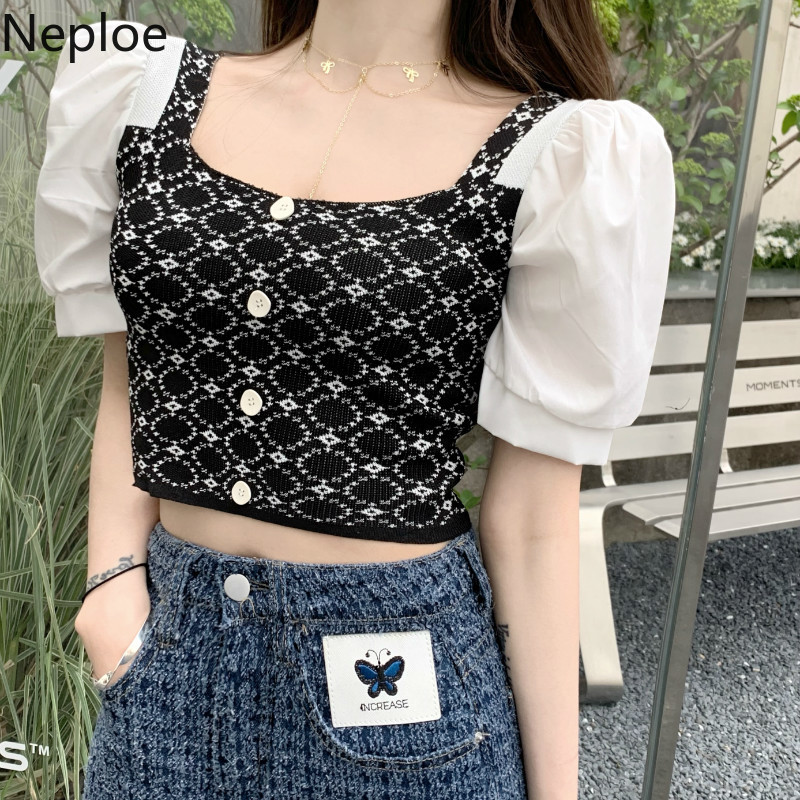 Neploe Women T Shirt Sweet Korean Crop Top Square Neck Patchwork Plaid Thin Knitted Shirts Summer Puff Short Sleeve Fashion Tops 210422