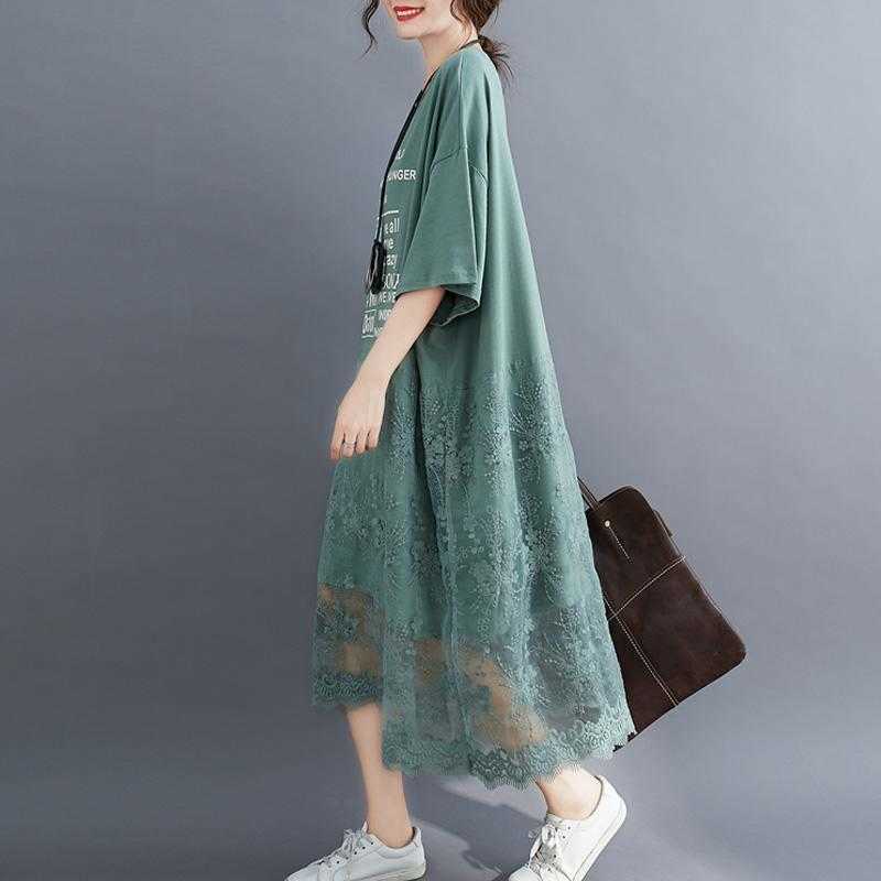 Plus Size Lace T Shirt Summer Dress Korean Cotton Loose Ladies Dresses for Women 4xl 5xl 6xl 7XL Oversized Long Midi Dress 210630