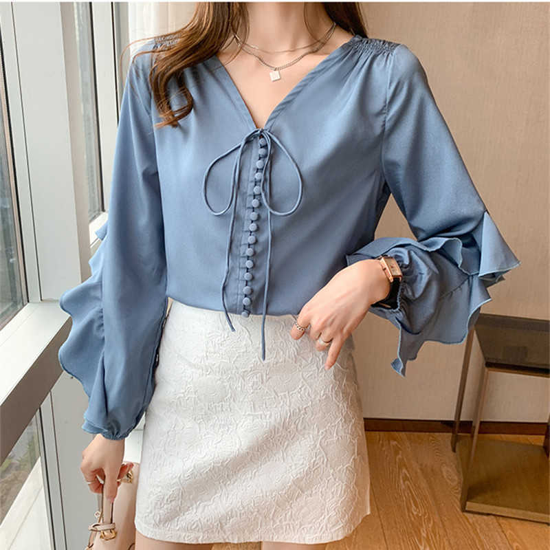 Korean Blouse Women Silk Shirts Ruffles Tops Plus Size Woman Satin V-Neck Ribbon Shirt 210604, Blue
Korean Blouse Women Silk Shirts Ruffles Tops Plus Size Woman Satin V-Neck Ribbon Shirt 210604, Blue