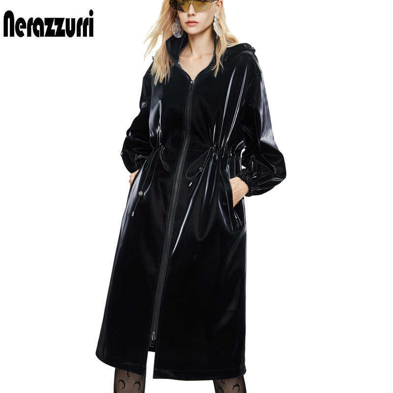 Nerazzurri Long black warm oversized shiny patent leather trench coat for women long sleeve Zip up fall fashion Windbreaker 210909