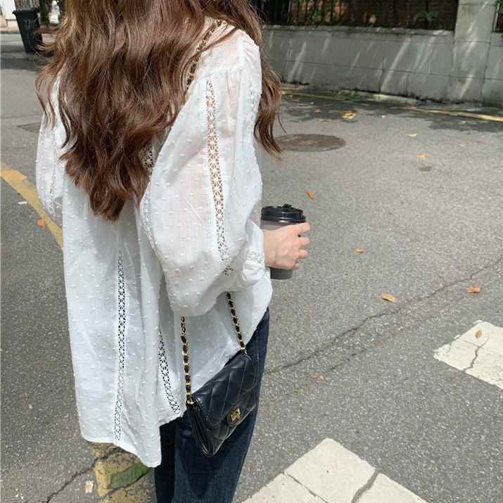 Elegant Hollow Out Lace Shirt Women Causal White Blouse Long Sleeve Top Female Korean Ladies Office Loose Blusas 210422