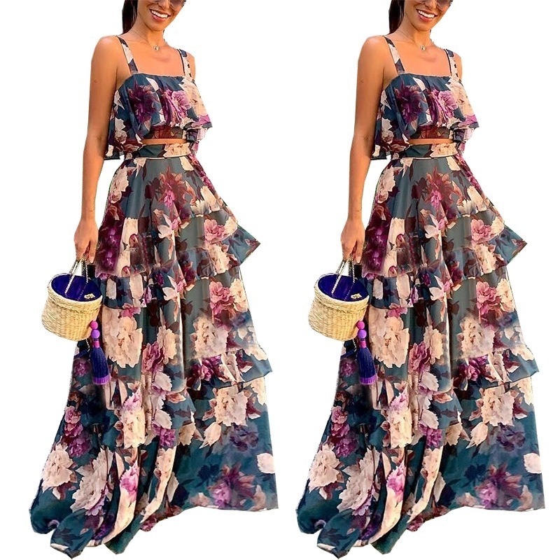 Women Spring Summer Dress Sleeveless 2 Piece Set Bohemian es Holiday Vestidos Chic Plus Size Beach Floral Print Rode 210428