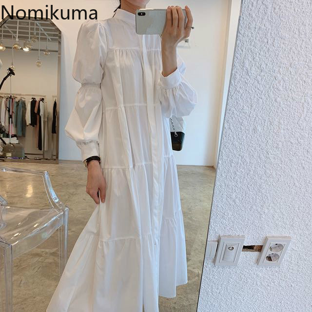 Nomikuma Vestidos New Arrival Stand Collar Long Sleeve White Dress Women Solid Color A Line Vintage Dresses Korean Style 3c363 210409