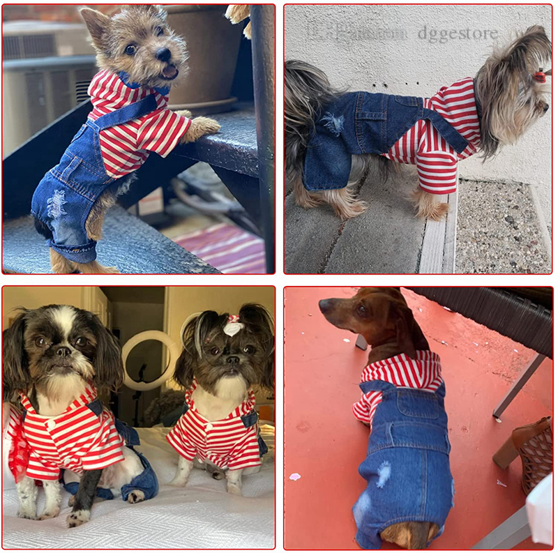 Dog Apparel Denim Striped or Grid Pet Dogs Jumpsuits Puppy Cat Hoodie Jean Coat Four Feet Clothes for Small Doggy Teddy Yorkies Sweatshirt Jeans Blue 