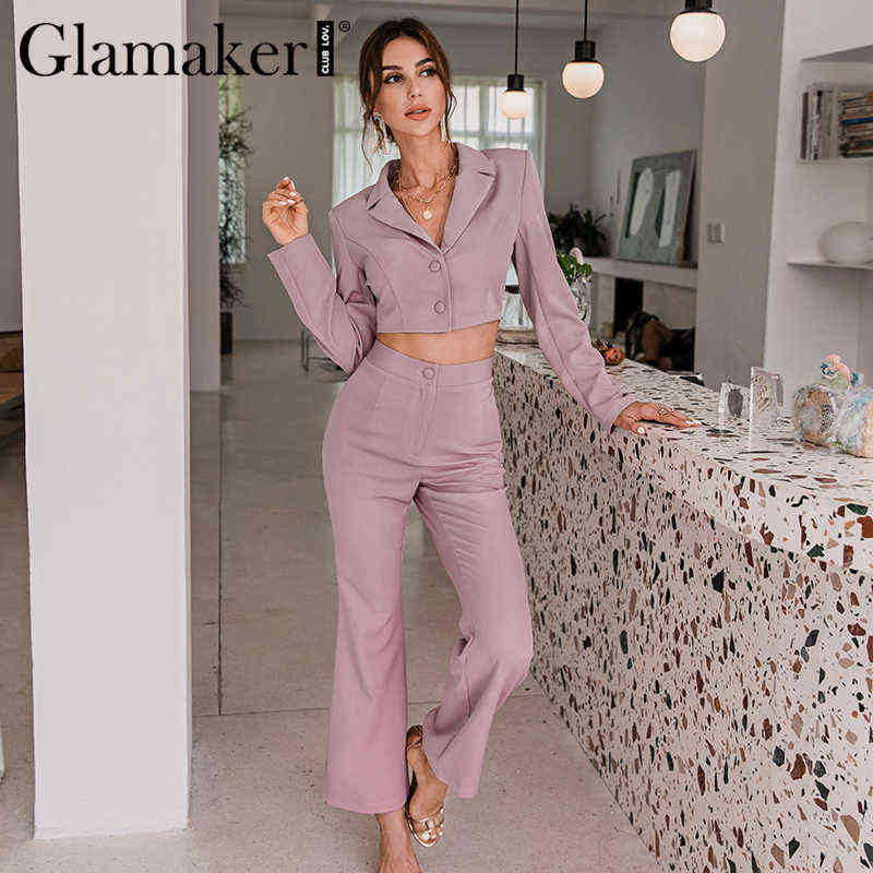 Glamaker Pink purple 2 piece suit sets Women sexy short blazer and flared pants Office lady set autumn female outfits 211105