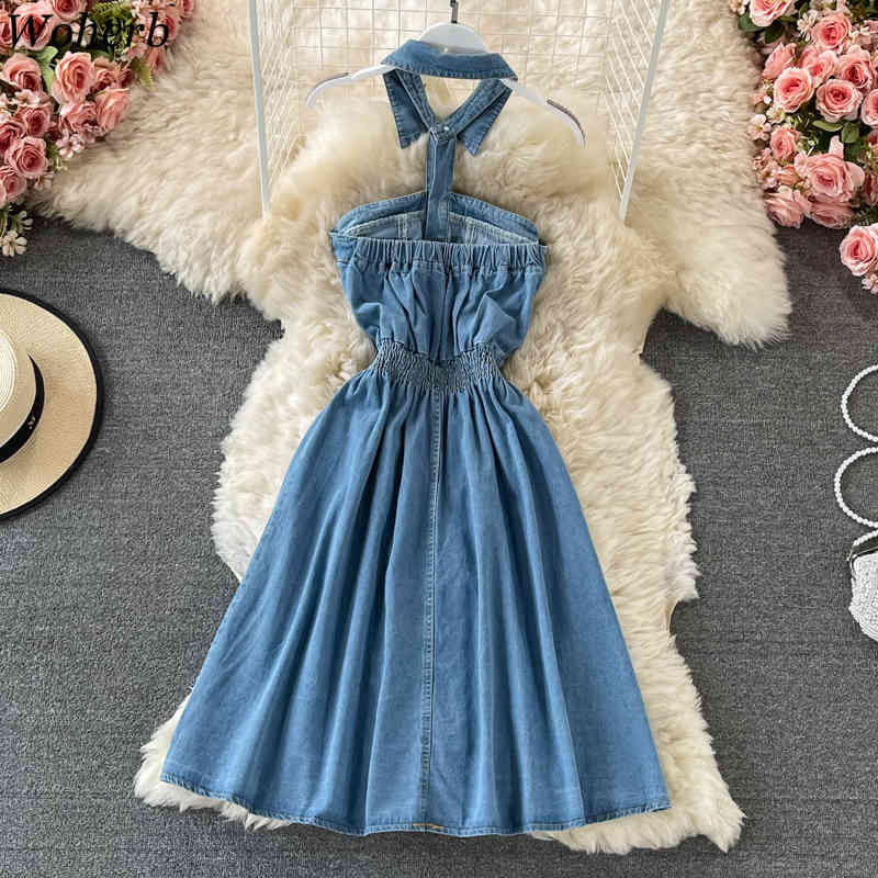Off Shoulder Denim Dress Summer Robe Ropa Mujer Backless Sleeveless Vestidos Temperament Halter Neck Slim Dresses 210519