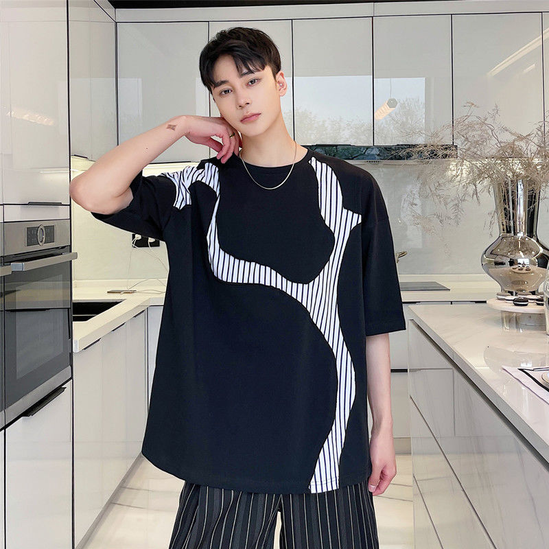 IEFB Summer Fashion Stitching T-shirt Men's Handsome Pullover Round Neck Short Sleeve Tops Black White Mans Clothing 9Y7043 210524
