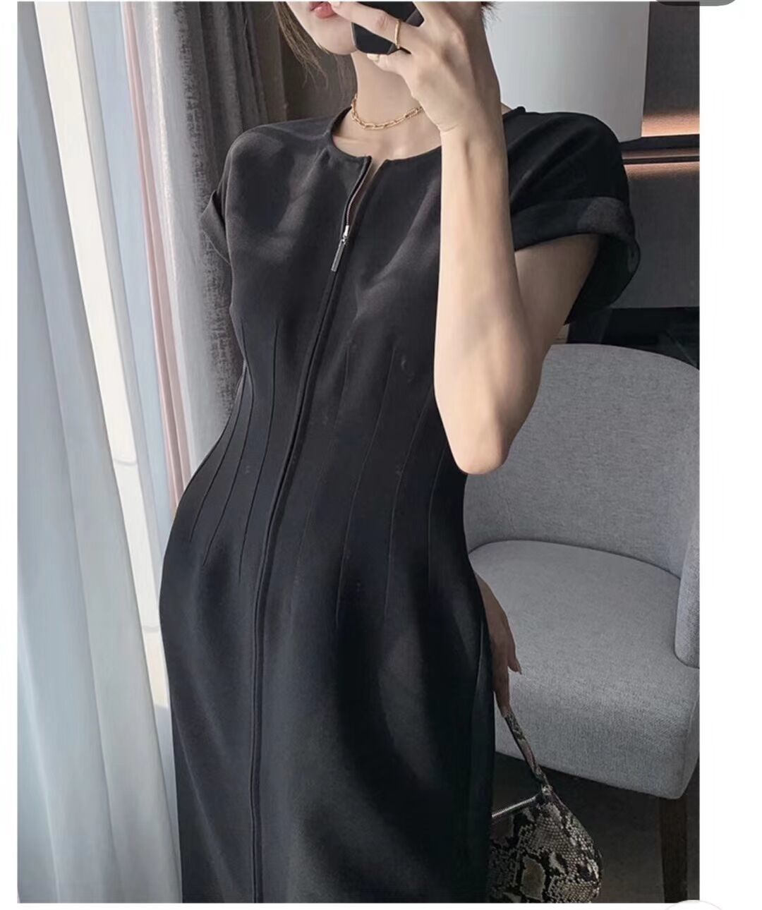 Elegant O-neck Short Sleeve Front Zipper Female Midi Dress Office Ladies Slim Waist Split Women Workwear 210429
