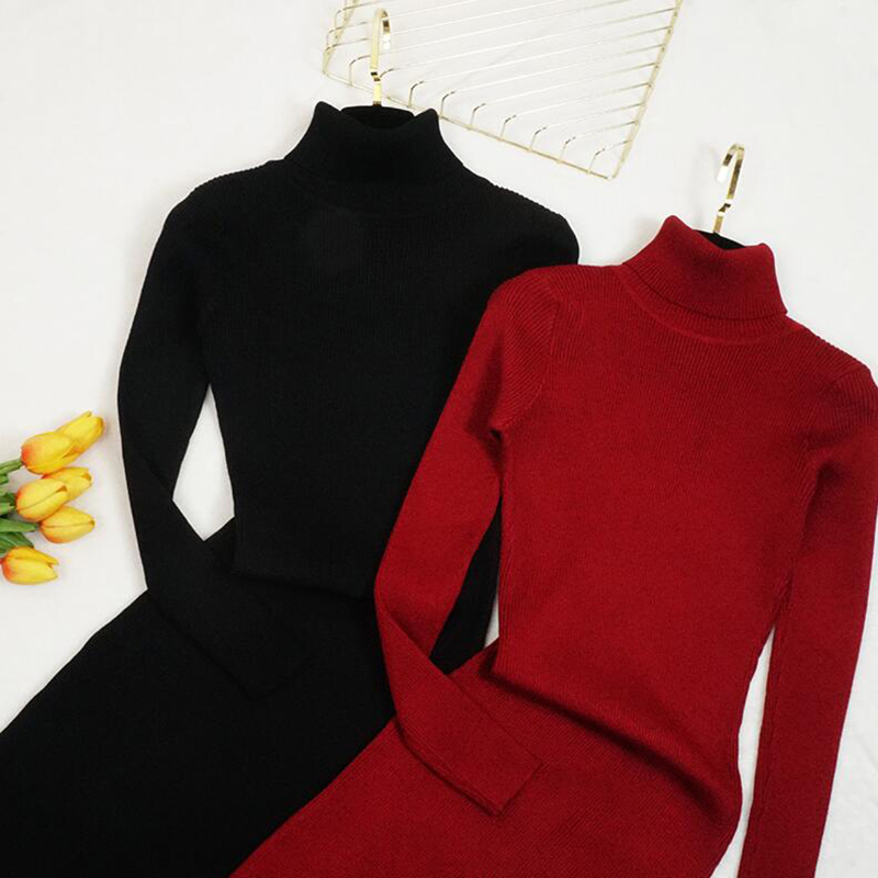 Women Dress Autumn Winter Turtleneck Knitted Dress Long Sleeve Slim Ladies Bodycon Bottoming Sweater Dresses Vestidos 210521