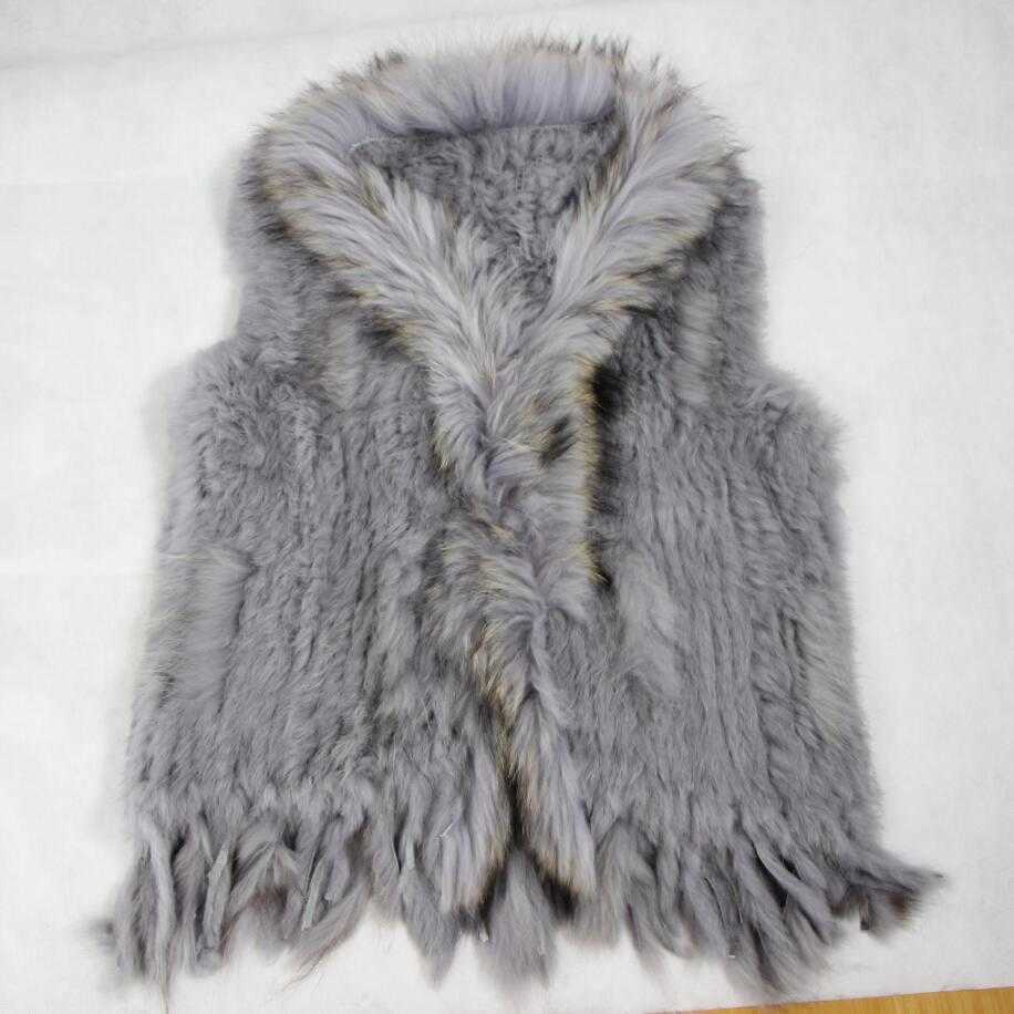 Real ladies Genuine Knitted Rabbit Fur Vest With Raccoon Trimming Waistcoat Winter Jacket harppihop fur 210816