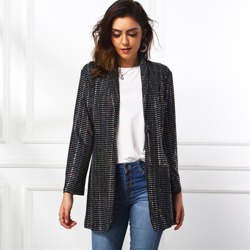 Women Blazer Single Button Long Sleeve Ladies Black Coat Sequined Stitching Women's Slim Suit Jacket Autumn Winter 210524