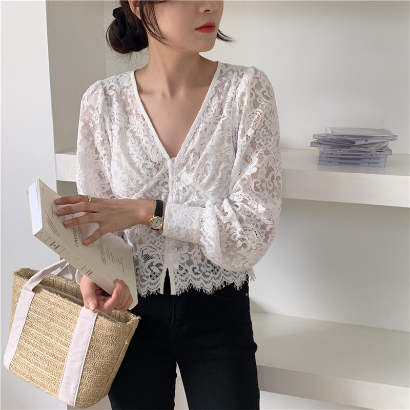 Delicate Girls Gentle Sexy Large Size Lace Light Fashion Slim Women White V-Neck Sweet Chic OL Short Shirts 210421