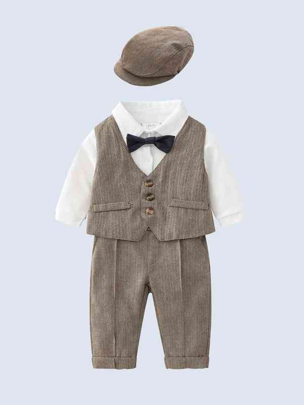 Baby Button Front Blazer Vest & Bow Front Shirt & Overall Jumpsuit With Hat SHE