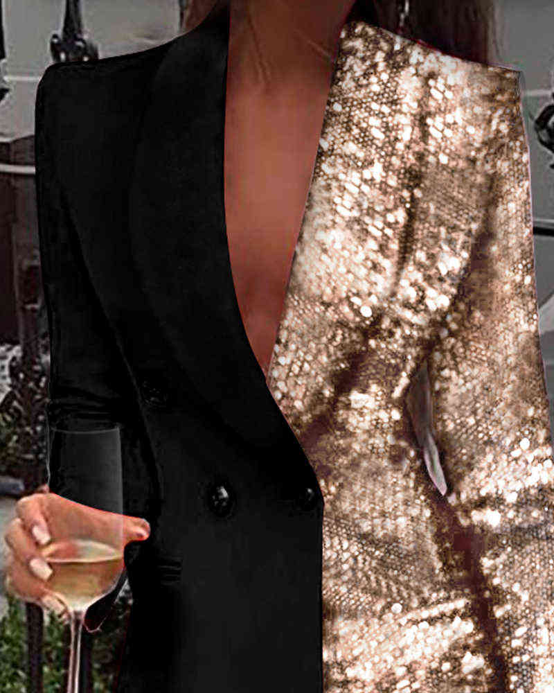 Women Office Dress Colorblock Patchwork Long Sleeve Blazer V Neck Sequins Double Breasted 211122