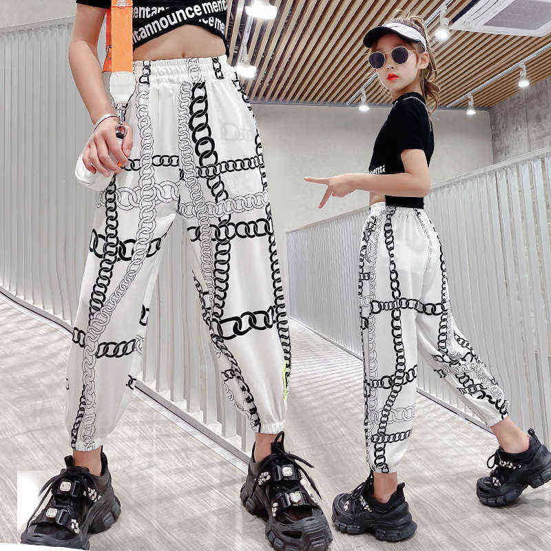 Pants For Girls Casual Style Girl Chain Print Kids Fashion Summer Ankle Trousers 4 5 7 8 9 10 11 13 Years Teenage Clothes 211103