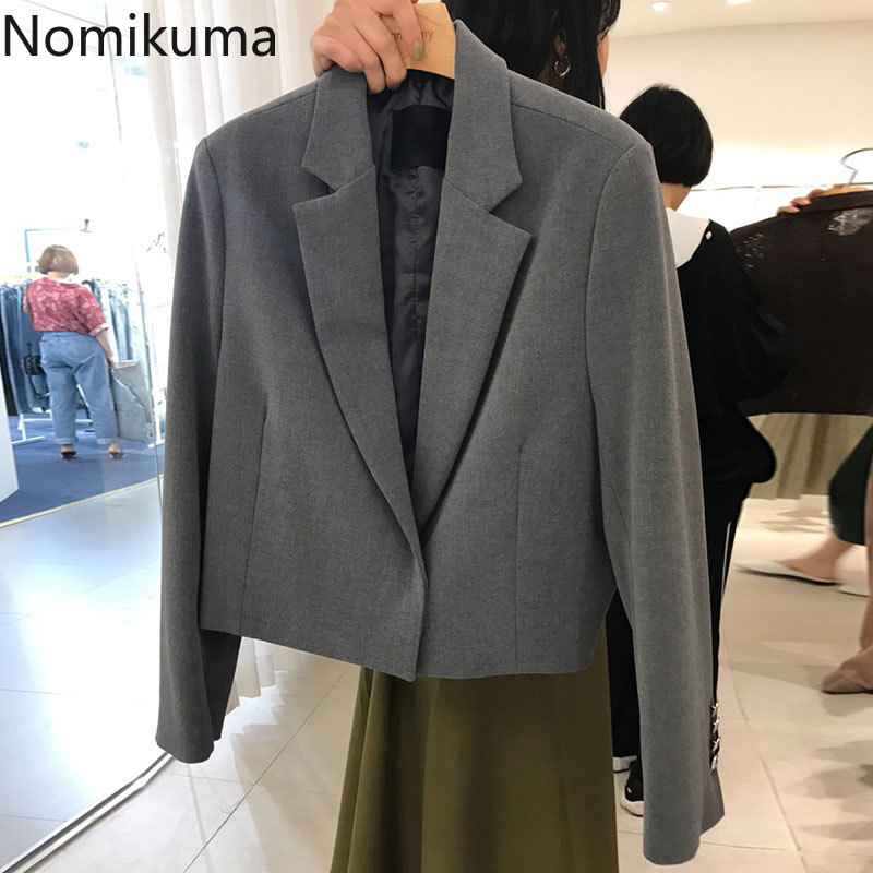 Nomikuma Women Blazer Coat Spring New Korean Short Suit Jakcet Long Sleeve Notched Collar Single Button Blazers Femme 6E250 210427