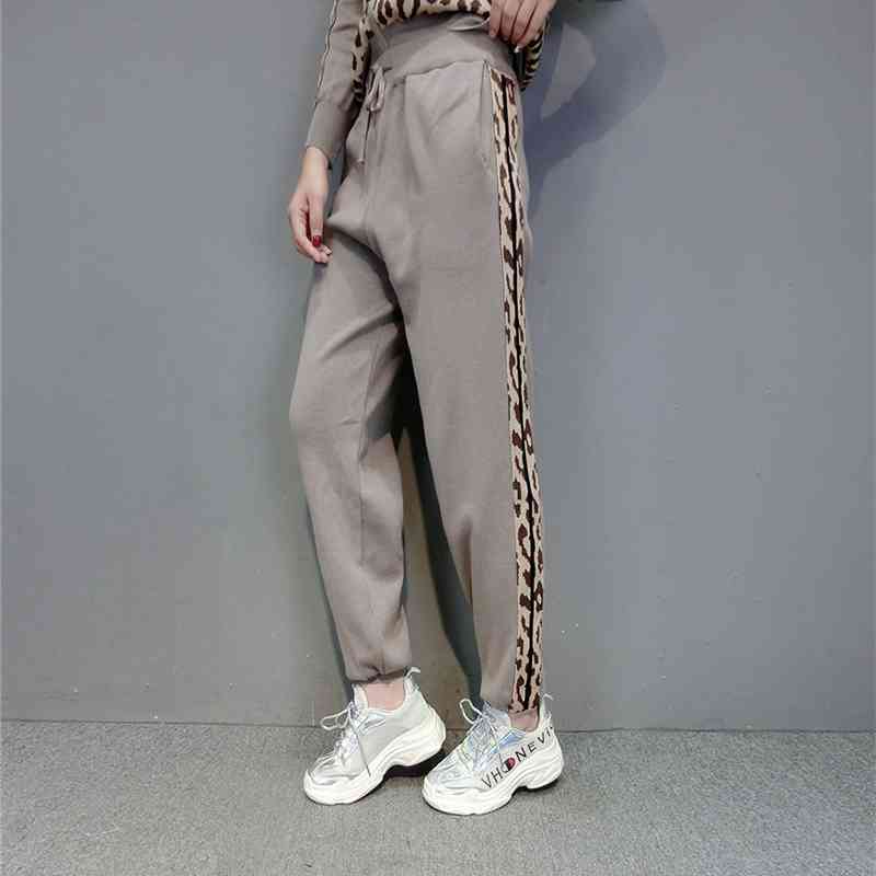 Winter Leopard print zipper knitted cardigans + pencil pants women fashion sport tracksuits slim jacket two piece sets 210520