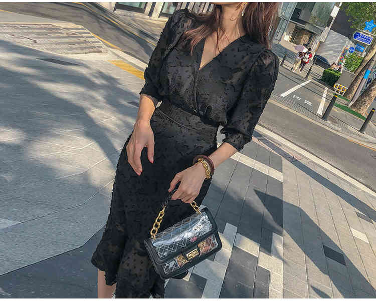 Korea Women Party Dress Spring fashion Office OL chiffon Half Sleeve Ruffles Bodycon Mermaid Midi Dress 210518