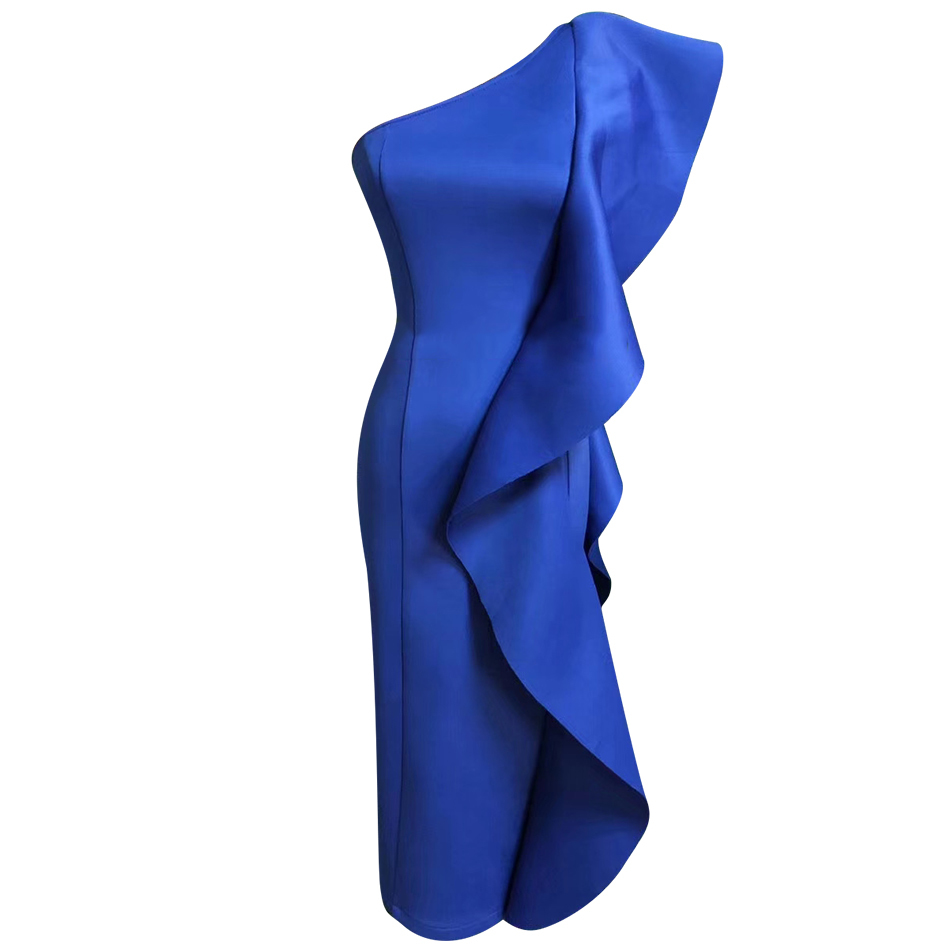 Summer Yellow One Shoulder Ruffles Ladies Celebrity Evening Party Dress Sexy Sleeveless Bodycon Club XL 210423