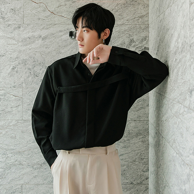 IEFB Men's Casual Long Sleeve White Shirt Single Breasted Lapel Ribbon Oversized Black Tops Long Sleeve Male Causal Cloth 9Y6712 210524