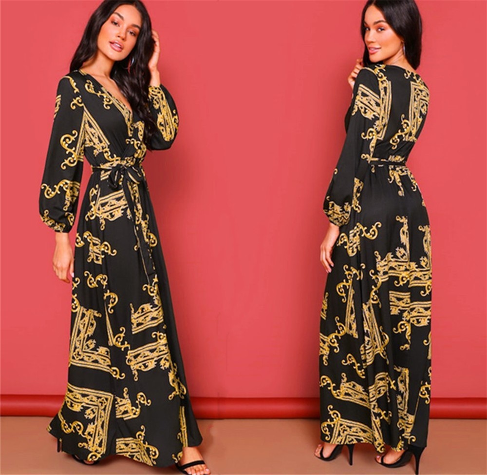 Women Dress Retro Party es V Neck Lantern Sleeve Printed Vintage Lace Up Loose Large Hem Long Summer es 210524