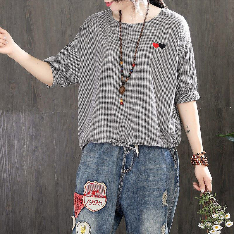 Arrival Summer Women Tshirt Plus Size Loose Casual Half Sleeve O-neck Tee Shirt Femme 100% Cotton Plaid Cute Shirts D12 210512