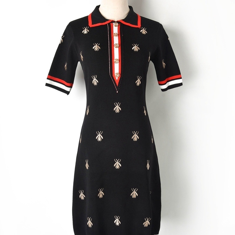 Spring Summer Dress Elegant Casual Women Embroidery Turn-down Collar shirt dresses Buttons Knitting Mini Office Lady 210506