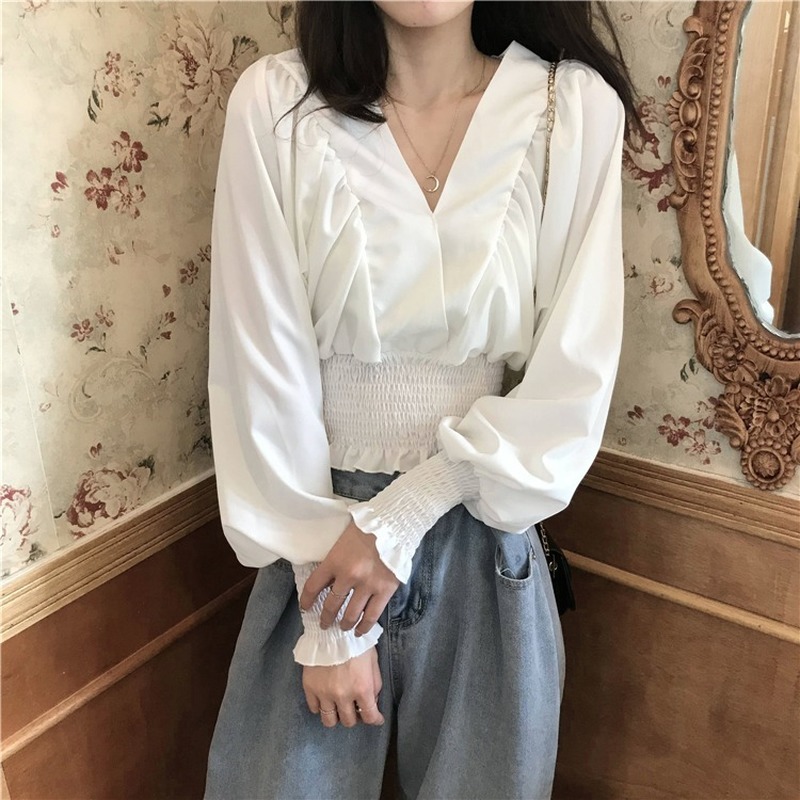 Ezgaga Crop Tops Women V-Neck Korean Solid Long Sleeve Ruched Stretch Slim Spring Female Fashion Sexy Shirts Elegant Blouse 210430