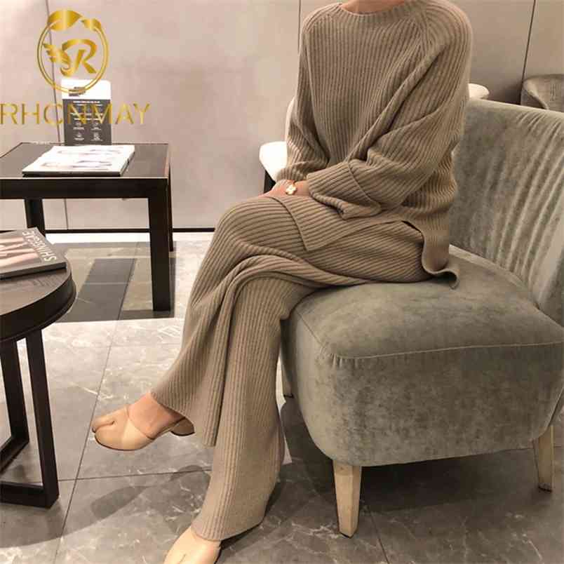 Women's Knitted Suits Winter Fashionable Pants Set Loose Thick Sweaters Wide Leg Trousers Two-piece 210506