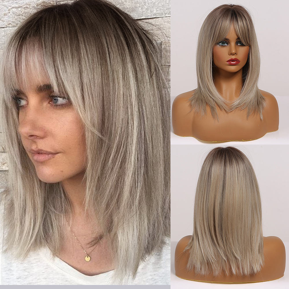 Synthetic Length Ombre Brown to Blonde Straight Hair Wigs with Bangs Synthetic Wigs for Women Cosplay Heat Resistant Natural Wigs
