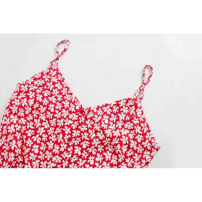 French Women Sling Dress Single-breasted Buttons Red White Floral Print Spaghetti Strap Hem Slit Mid-Calf Dresses Party 210429