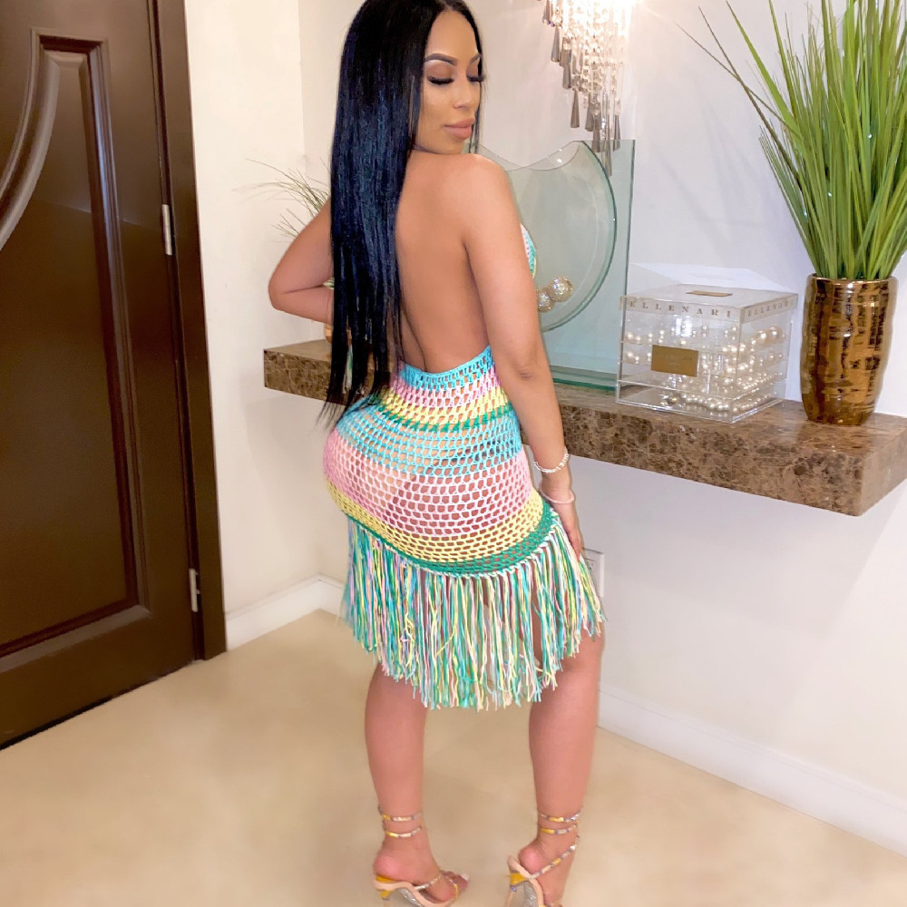 Sexy Fringed Bikini Cover-ups Handmade Crochet Rainbow Backless Summer Dress Tunic Women Swim Suit Cover up A374 210420