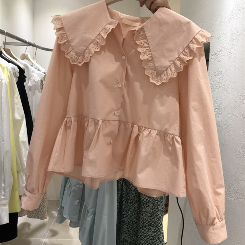 Nomikuma Women Blouse Lace Patchwork Peter Pan Collar Long Sleeve Shirt Spring New Causal Sweet Short Blusas Mujer 6E936 210427