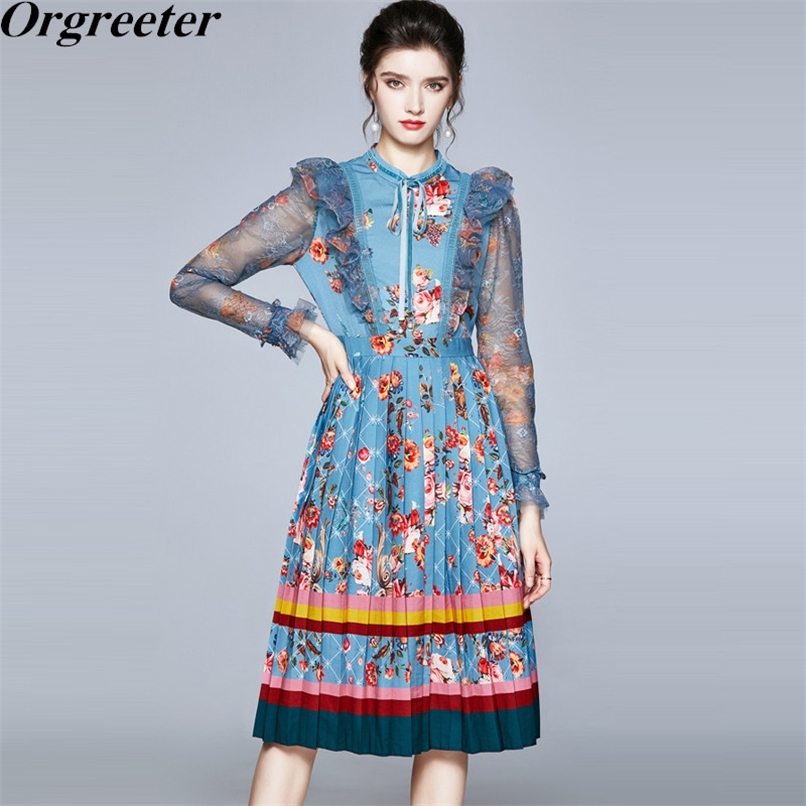 Runway Design Bow Tie-Up O-neck Lace Ruffled Trim Long Sleeve Pintted Dresses Women See-through Sleeved Slim Pleated Dress 210602, Blue
Runway Design Bow Tie-Up O-neck Lace Ruffled Trim Long Sleeve Pintted Dresses Women See-through Sleeved Slim Pleated Dress 210602, Blue