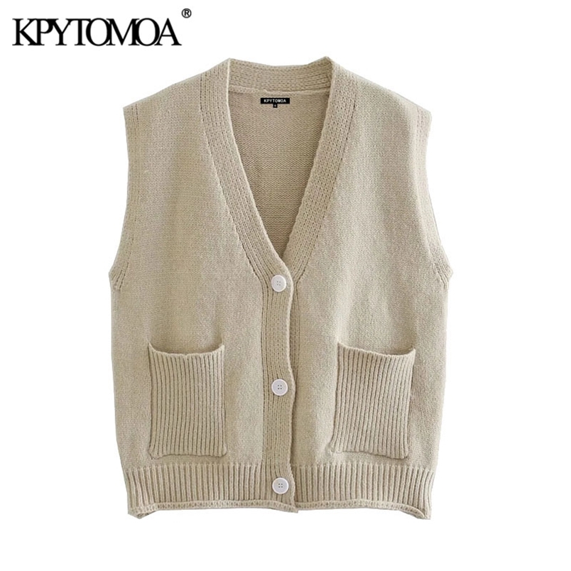 Women Fashion With Pockets Loose Knitted Vest Sweater Sleeveless Button-up Female Waistcoat Chic Tops 210420