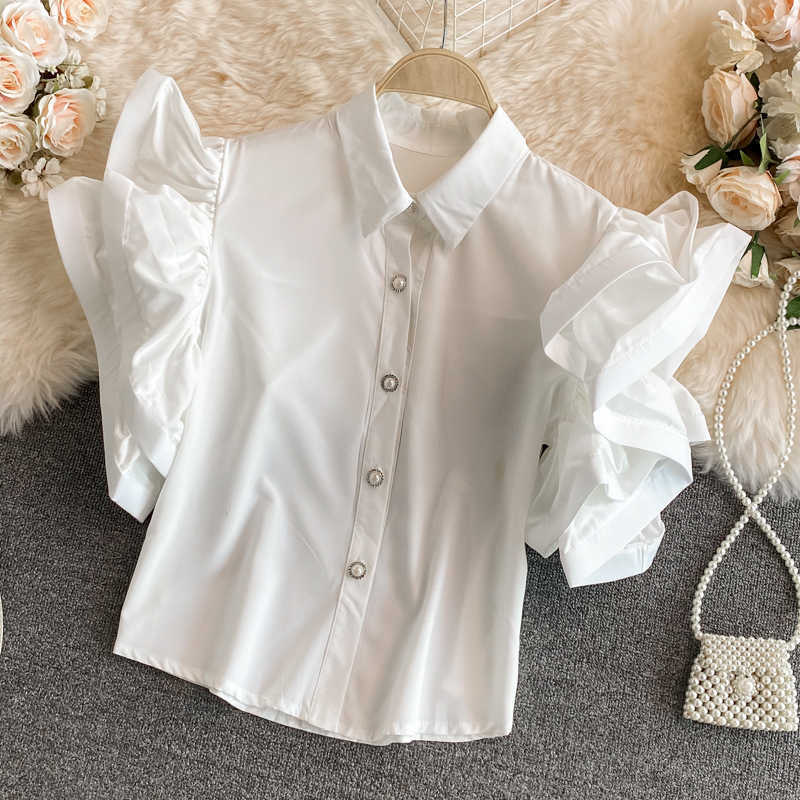 Sweet Ruffle Puff Sleeve Womens Top Summer Turn-down Collar Blouse Shirt Korean Fashion Blusas De Mujer 6J424 210603