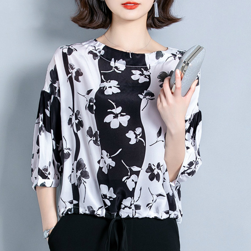 Korean Silk Shirt Women Summer Print Plus Size Office Lady Tops Blusas Mujer De Moda High Quality Blouses Femme 10159 210506