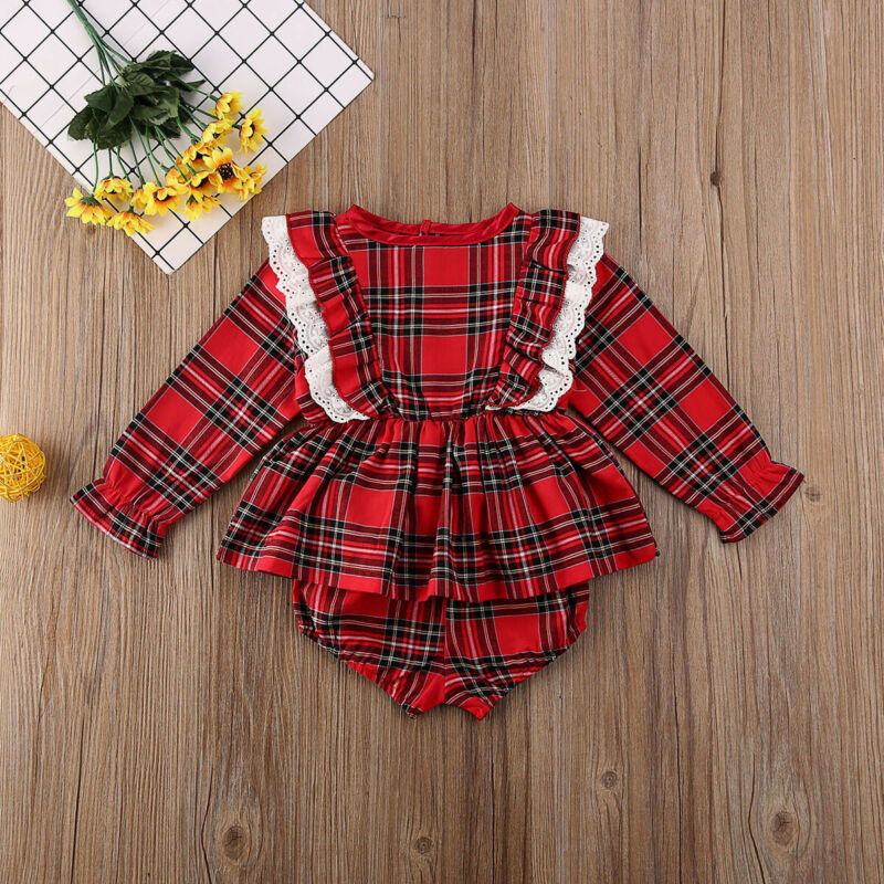 0-24M Christmas born Infant Baby Girl Clothes Set Red Plaid Long Sleeve Top Shorts Autumn Spring Clothing Xmas Outfit 210515
